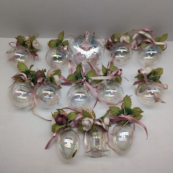 Lot Of 13 Victorian Style Iridescent Clear Glass Ornaments Ball Heart Bell - Picture 2 of 16